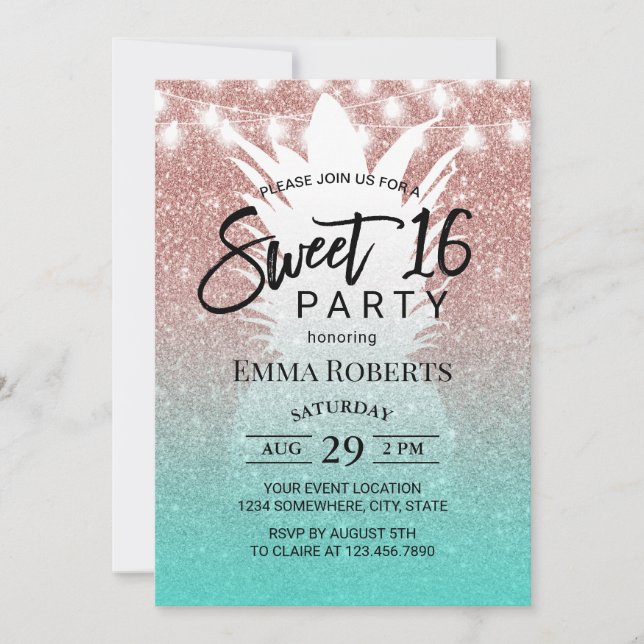 Tropiskt ananas Ro Guld Aqua Teal Sweet 16 Inbjudningar (Framsida)