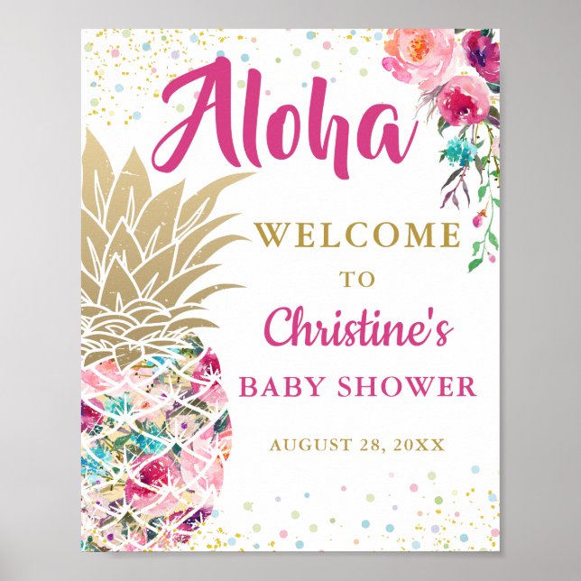 Tropiskt ananas Rosa Blommigt Baby Shower Välkomme Poster (Framsidan)