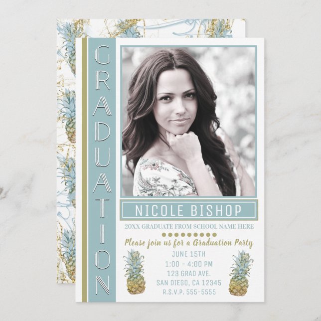 Tropiskt ananas Studentfest Student Foto Inbjudningar (Fram/baksida)