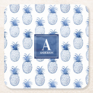 Tropiskt ananas, svart, vitt vattenfärgat underlägg papper kvadrat