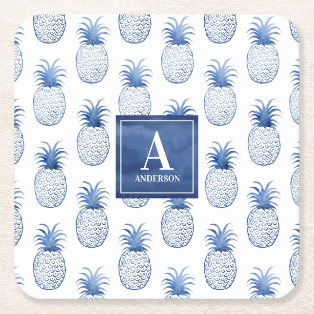 Tropiskt ananas, svart, vitt vattenfärgat underlägg papper kvadrat (Framsidan)