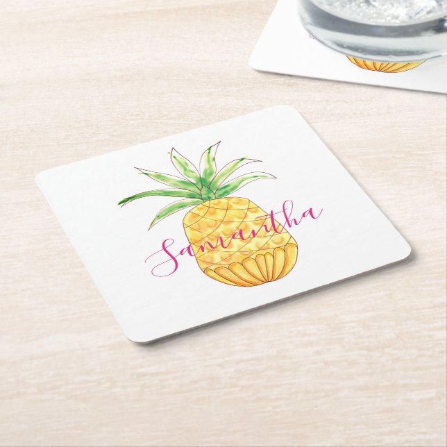 Tropiskt ananas vattenfärg Namn Monogram Underlägg Papper Kvadrat (Vinklad)