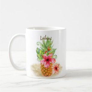 Tropiskt ananas vattenfärgad Blommigt Hibiscus Han Kaffemugg