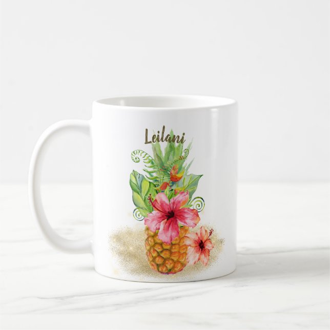 Tropiskt ananas vattenfärgad Blommigt Hibiscus Han Kaffemugg (Vänster)