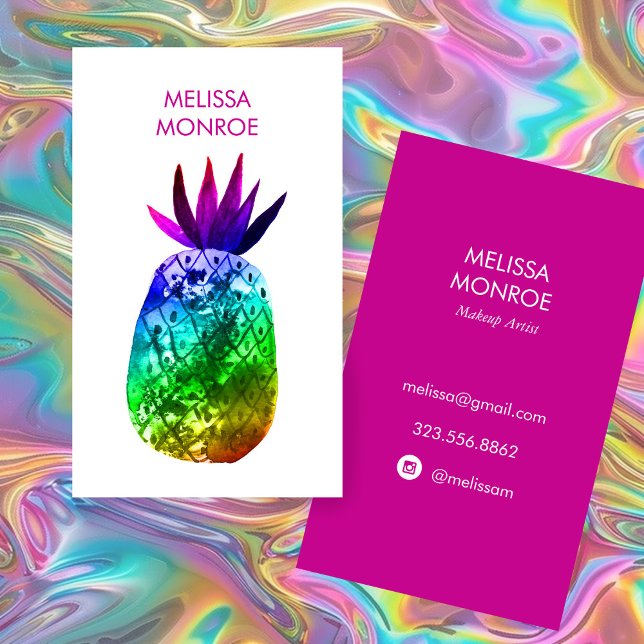 Tropiskt ananas Vattenfärgsfärgad Rosa Lila regnbå Visitkort (Tropical Pineapple Watercolor Pink Purple Rainbow Business Card
)