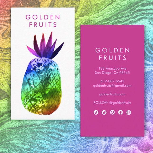 Tropiskt ananas Vattenfärgsfärgad Rosa Lila regnbå Visitkort (Skapare uppladdad)
