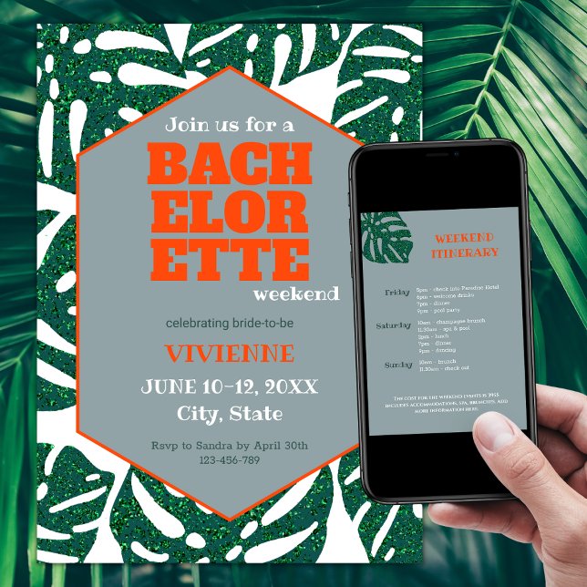 Tropiskt Bachelorette Party Glitter Monstera Inbjudningar (tropical bachelorette party invitations glitter mostera green and orange bachelorette tropical)