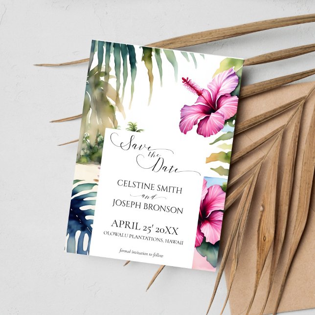 Tropiskt badbröllop spara datumet (Tropical beach wedding save the date card template digital download watercolor palms pink hibiscus)