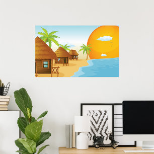 Tropiskt bågsolnedgång med tunna huts poster