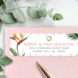 Tropiskt Bat mitzvah Guld-Handflatan vattenfärgen Returadress Etikett