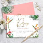 Tropiskt Bat mitzvah Guld-skript Blommigt vattenfä OSA Kort<br><div class="desc">Var stolt, gladd och fira den här milstolpen av din favorit Bat mitzvah med det här sofistikerade, personlig OSA-inmatningskortet för ditt evenemang! Snyggt, bedövande, färgstarka, tropiska vattenfärgfåglar av paradisblommor, handskrivet faux guld-skript, stjärnan av David- och glitter-punkter, tillsammans med mörk ro rosa och grått modern sans serif-typ, täcker över en vit...</div>