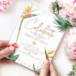 Tropiskt Bat mitzvah Guld-skript Blommigt vattenfä Tilläggskort<br><div class="desc">Var stolt, gladd och visa den här milstolpen av din favoritBat mitzvah! Inkludera den här moderna, sparsamma infogningen av personlig för ytterligare information till evenemanget. Snyggt, bedövande, färgstarka, tropiska vattenfärgfåglar av paradisblommor, handskrivet faux guld-skript, stjärnan av David- och glitter-punkter, tillsammans med mörk ro rosa och grått modern sans serif-typ, täcker...</div>