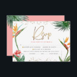Tropiskt Bat mitzvah Guld-skript, vattenfärg i Han OSA Kort<br><div class="desc">Var stolt, gladd och fira den här milstolpen av din favorit Bat mitzvah med det här sofistikerade, personlig OSA-inmatningskortet för ditt evenemang! Snyggt, bedövande, färgstarka, tropiska vattenfärgfåglar av paradisblommor, handskrivet faux guld-skript, stjärnan av David- och glitter-punkter, tillsammans med mörk ro rosa och grått modern sans serif-typ, täcker över en vit...</div>