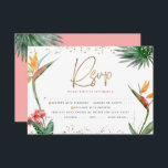 Tropiskt Bat mitzvah Guld-skript, vattenfärg i Han OSA Kort<br><div class="desc">Var stolt, gladd och fira den här milstolpen av din favorit Bat mitzvah med det här sofistikerade, personlig OSA-inmatningskortet för ditt evenemang! Snyggt, bedövande, färgstarka, tropiska vattenfärgfåglar av paradisblommor, handskrivet faux guld-skript, stjärnan av David- och glitter-punkter, tillsammans med mörk ro rosa och grått modern sans serif-typ, täcker över en vit...</div>