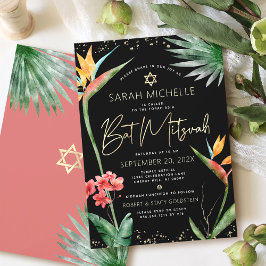 Tropiskt Bat mitzvah svart Guld-Blommigt, vattenfä Inbjudningar