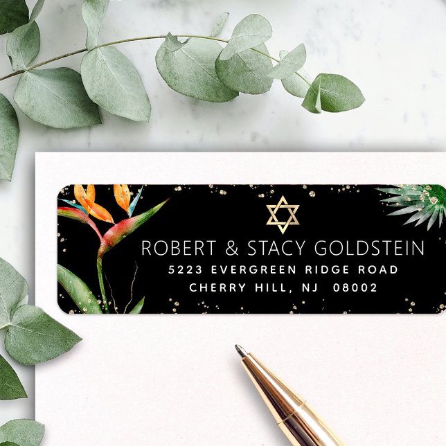 Tropiskt Bat mitzvah Svarta Guld-vattenfärg Adress Returadress Etikett (Skapare uppladdad)