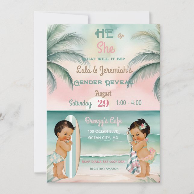 Tropiskt Beach Baby Gender Reveal  Sage Inbjudningar (Framsida)