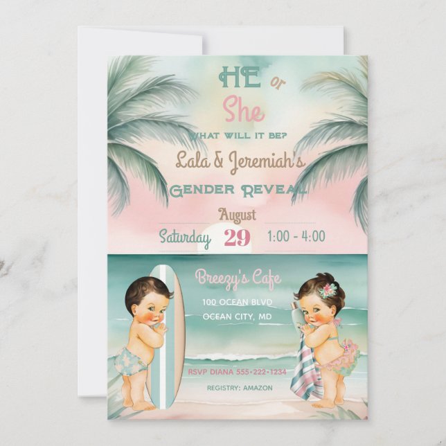 Tropiskt Beach Baby Gender Reveal  Sage Inbjudningar (Framsida)