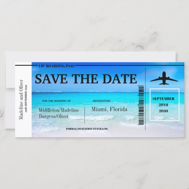 Tropiskt Beach Boarding Pass Bröllop Save The Date (Framsida)