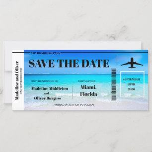 Tropiskt Beach Boarding Pass Bröllop Spara Datum