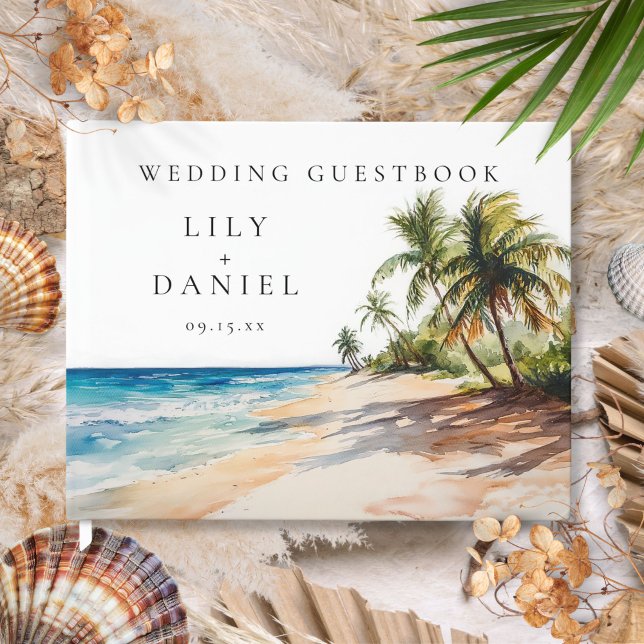 Tropiskt Beach-bröllop med vattenfärg Gästböcker (Watercolor Tropical Beach Wedding Guest Book)