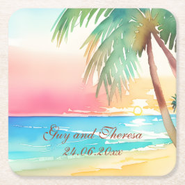 Tropiskt Beach-bröllop med vattenfärg Underlägg Papper Kvadrat
