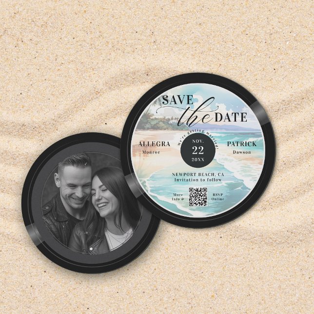 Tropiskt Beach-bröllop Spara datum Musik Kärlek QR Datumet (tropical beach wedding save the date photo musician music lover vintage vinyl record QR code)