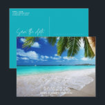 Tropiskt Beach-bröllop Spara datumet Meddelande Vykort<br><div class="desc">Tropiskt badbröllop sparar datumvykorten för ditt strandbröllop. Det här fantastiska,  tropiska vykortet för strand är perfekten för att meddela dina bröllop-planer till din familj och dina vänner.</div>