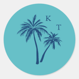 Tropiskt Beach Handflatan Träd Bröllop Monogram Runt Klistermärke