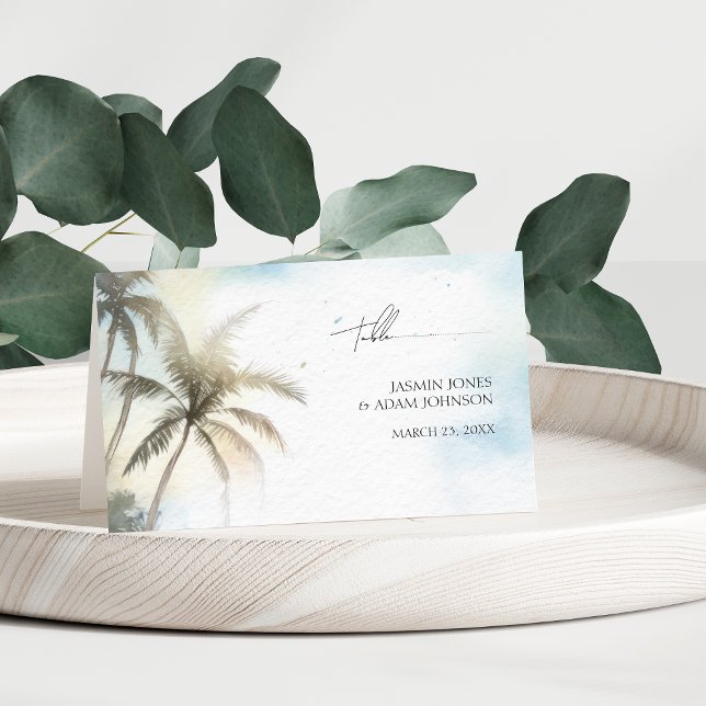 Tropiskt Beach Handflatan Träd Bröllop Placeringskort (Watercolor Tropical Beach Palm Trees Wedding Place Card)