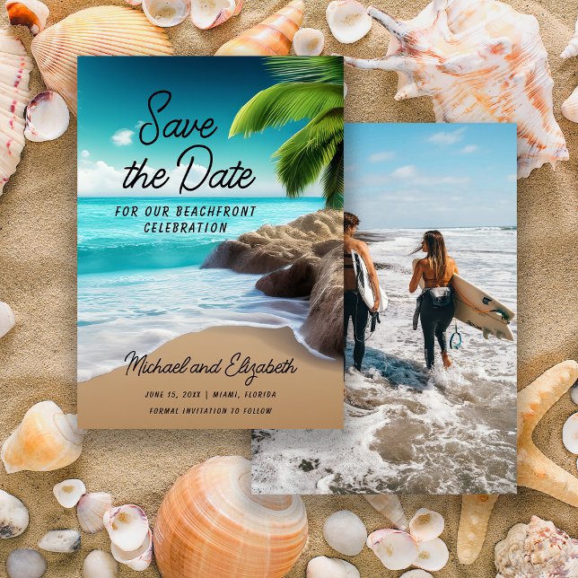 Tropiskt Beach Handflatan Träd Photo Bröllop Spara Datumet (Tropical beach/ocean/palm trees wedding Save the Date photo card)