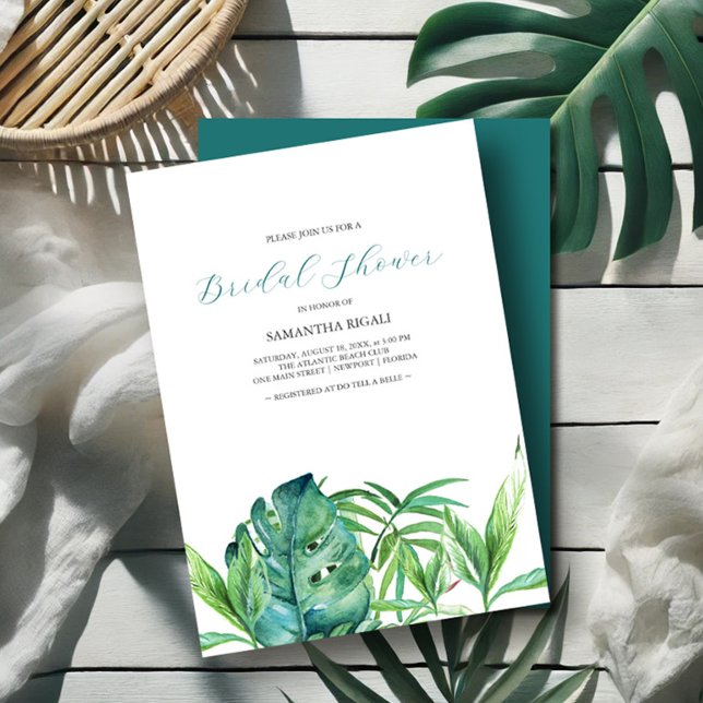 Tropiskt Beach Handflatan Watercolor-Möhippa (Bridal shower invitations watercolor tropical leaves art by Victoria Grigaliunas Do Tell A Belle)