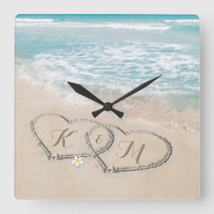 Tropiskt Beach Heart Shore Monogram Fyrkantig Klocka