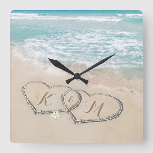 Tropiskt Beach Heart Shore Monogram Fyrkantig Klocka (Framsida)
