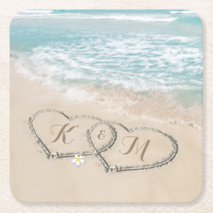 Tropiskt Beach Heart Shore Monogram Underlägg Papper Kvadrat