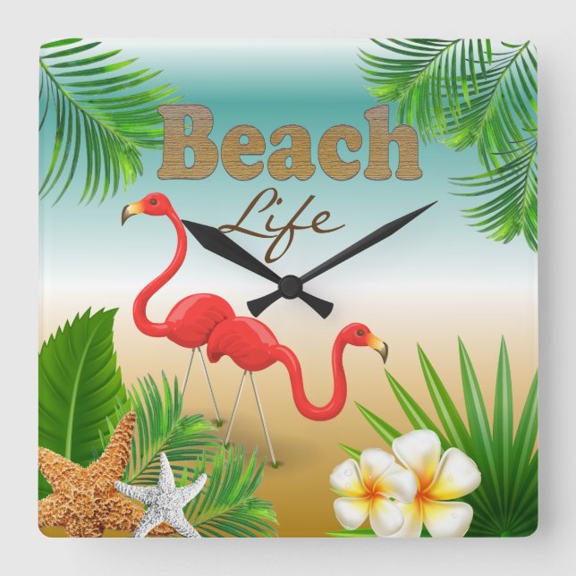 Tropiskt Beach Life-design med Flamingos Fyrkantig Klocka (Framsida)