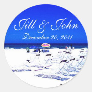 Tropiskt Beach Namn och Date Bröllop Sticker Runt Klistermärke