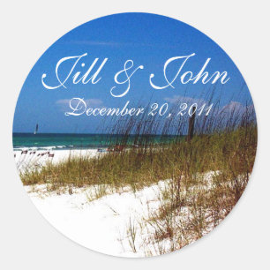 Tropiskt Beach Namn och Date Bröllop Sticker Runt Klistermärke