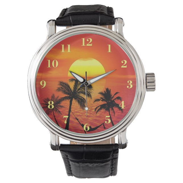 Tropiskt Beach Scene Sunset Handflatan Träd Armbandsur (Framsida)