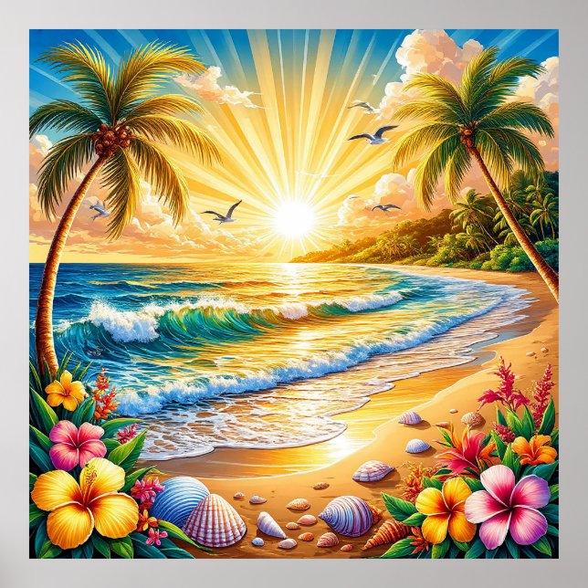 Tropiskt Beach Sunrise med Handflatan Träd, Vågar Poster (Framsidan)