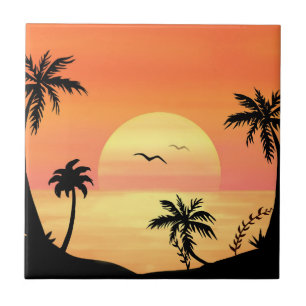 Tropiskt Beach Sunset Handflatan Träd Silhouette A Kakelplatta
