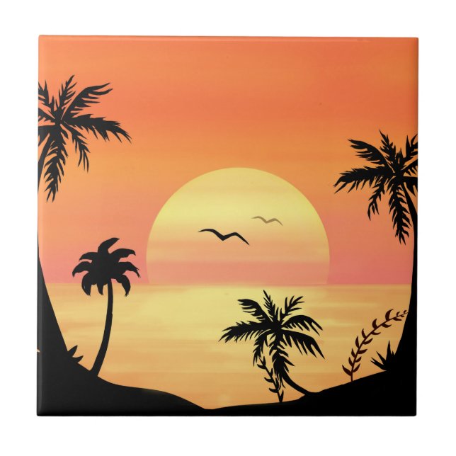Tropiskt Beach Sunset Handflatan Träd Silhouette A Kakelplatta (Framsidan)