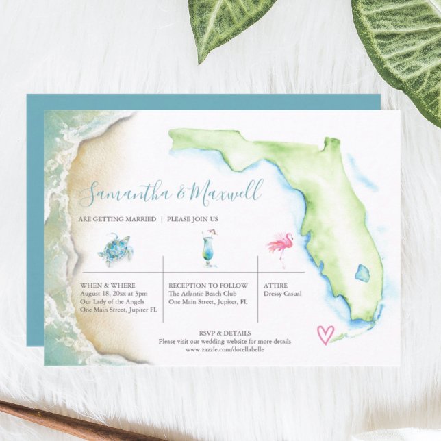 Tropiskt Beach Wedding Illustrated Watercolor Inbjudningar (Florida wedding invitations features watercolor coastal art by Victoria Grigaliunas)