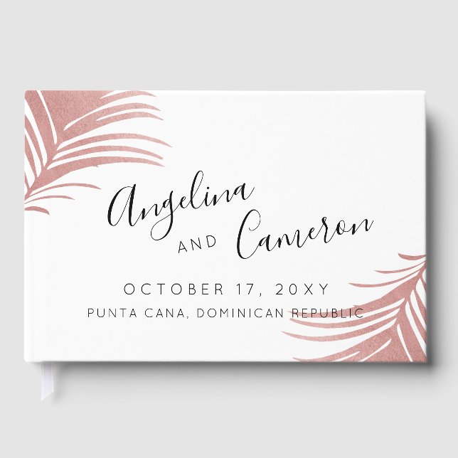 Tropiskt Beach Wedding Ro Guld Rosa Handflatan Löv Gästböcker (Framsida)