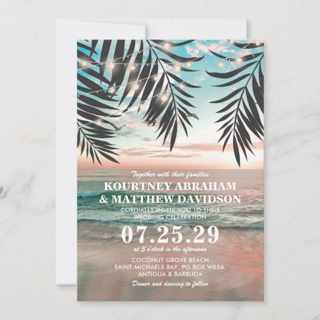 Tropiskt Beach Wedding | Sträng i Ljus Inbjudningar (Framsida)