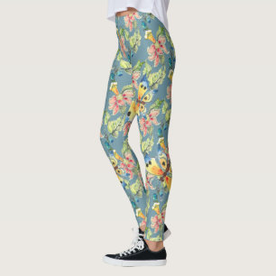 Tropiskt blå fjäril Exotic Flower Mönster Leggings