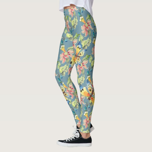 Tropiskt blå fjäril Exotic Flower Mönster Leggings (Vänster)