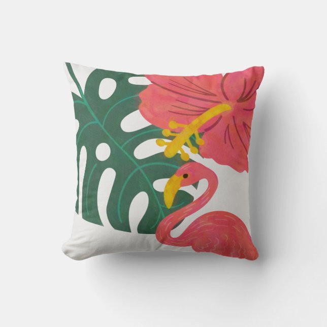 Tropiskt blad, hibiskusblomma och flamingo kudde (Framsida)