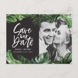 Tropiskt blad och handskriftsfoto bröllop vykort