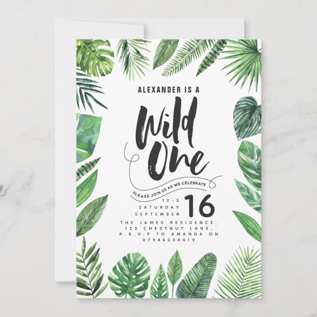 Tropiskt blad + vild av skripttext en födelsedag (Framsida)